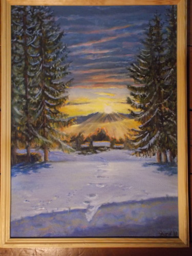 Pintura titulada "Winter's evening in…" por Artyom Ukhov, Obra de arte original, Oleo