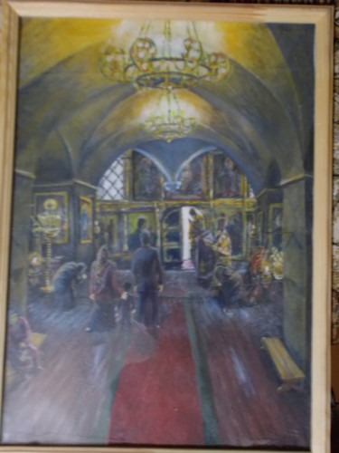 Pintura intitulada "At the liturgy" por Artyom Ukhov, Obras de arte originais, Óleo