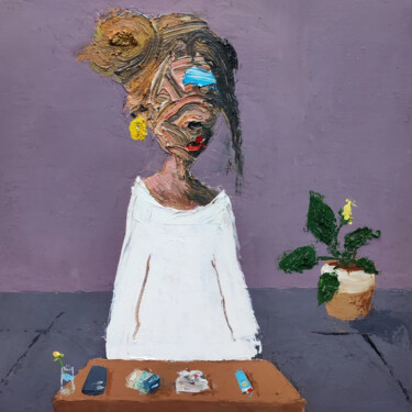 Malerei mit dem Titel "White on purple" von Arbi Keshishian, Original-Kunstwerk, Öl Auf Keilrahmen aus Holz montiert