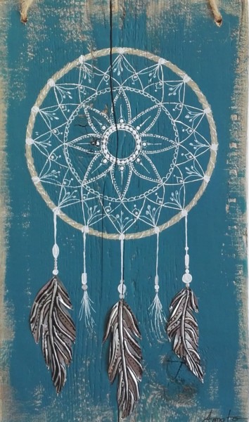 Tableau bleu attrape-rêve peinture sur bois de récup plumes Peinture intitulée "Tableau bleu attrap…" par Marion Et Rémi Amato (Atelier l'Arbre à Vapeur), Œuvre d'art originale, Acryli…