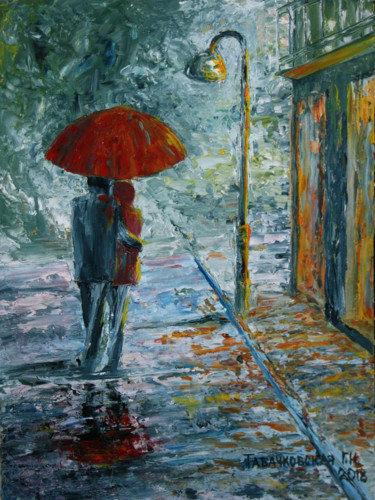 Painting titled "Вдвоём под зонтом." by Tabachkovskaia, Original Artwork, Oil