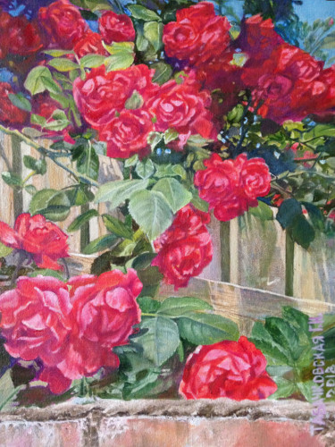 Painting titled "Красные розы и забор" by Tabachkovskaia, Original Artwork, Oil