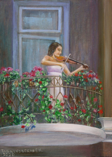Painting titled "Скрипачка на балкон…" by Tabachkovskaia, Original Artwork, Oil