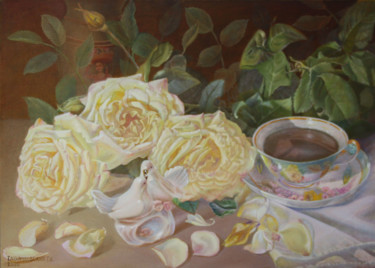 Painting titled "Розы к чаю." by Tabachkovskaia, Original Artwork, Oil