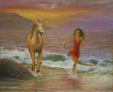 Картина под названием "Бегущие по волнам." - Табачковская, Подлинное произведение искусства, Масло