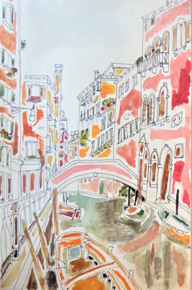 Schilderij getiteld "Venise la rose" door Giulia Archer, Origineel Kunstwerk, Aquarel