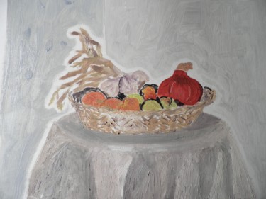 Painting titled "légumes dans un pan…" by Giulia Archer, Original Artwork, Oil Mounted on Other rigid panel