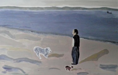 Ζωγραφική με τίτλο "les chiens à la pla…" από Giulia Archer, Αυθεντικά έργα τέχνης, Λάδι