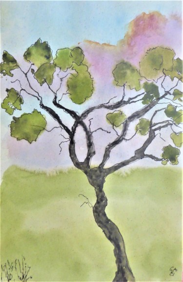 Painting titled "l'arbre tordu" by Giulia Archer, Original Artwork, Watercolor
