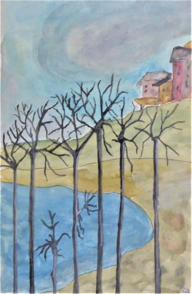 Malerei mit dem Titel "arbres près de l'eau" von Giulia Archer, Original-Kunstwerk, Aquarell