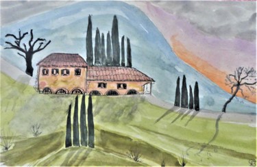 Painting titled "la ferme isolée" by Giulia Archer, Original Artwork, Watercolor