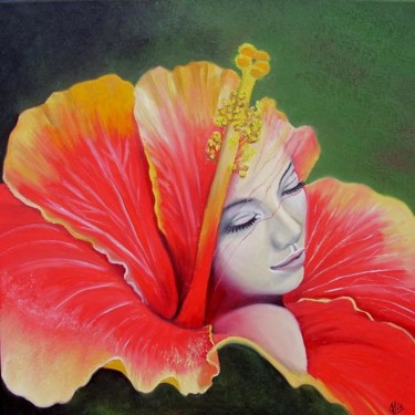 Peinture intitulée "Hibiscus flower" par Alix, Œuvre d'art originale, Huile