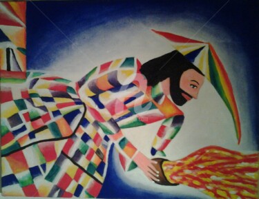 Pittura intitolato "Arlecchino e il fuo…" da Arduino Rossi, Opera d'arte originale, Acrilico Montato su Telaio per barella i…