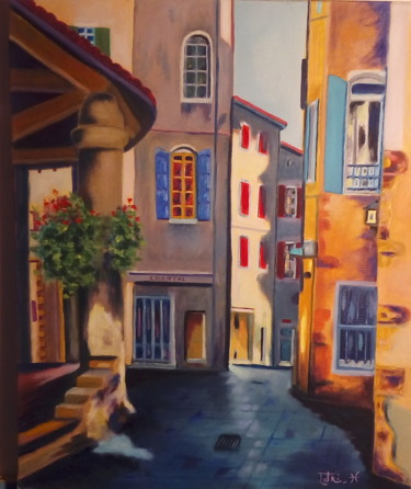 Painting titled "rue du village d'AN…" by Hocine Idri, Original Artwork, Oil