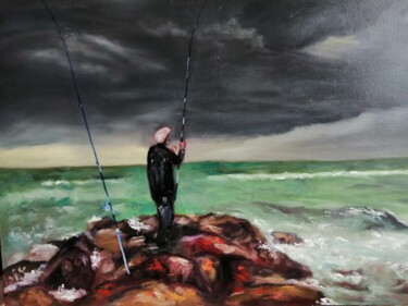 Painting titled "peche en bord de mer" by Hocine Idri, Original Artwork, Oil Mounted on Wood Stretcher frame