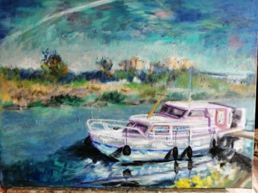 Painting titled "bateau" by Hocine Idri, Original Artwork, Oil Mounted on Wood Stretcher frame