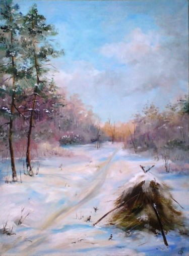 Картина под названием "Зимняя жизнь" - Ольга Мочалова, Подлинное произведение искусства, Масло