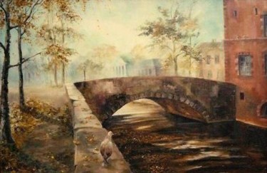 Картина под названием "Утро старого моста" - Ольга Мочалова, Подлинное произведение искусства, Масло