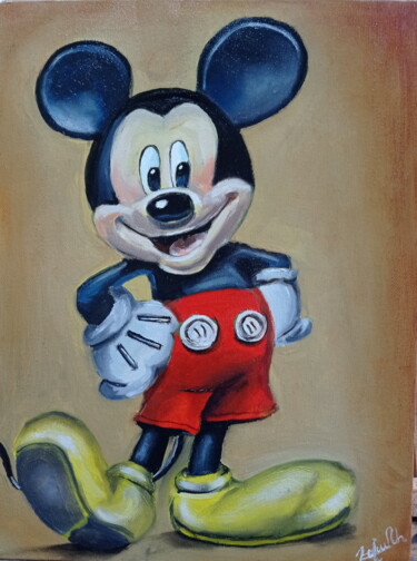Painting titled "Mickey Mouse" by Areva, Original Artwork, Oil Mounted on Wood Stretcher frame