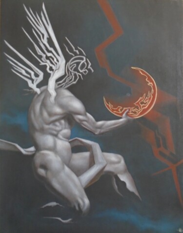 Painting titled "Desdivinización IX" by Arfaxad, Original Artwork, Oil Mounted on Wood Stretcher frame