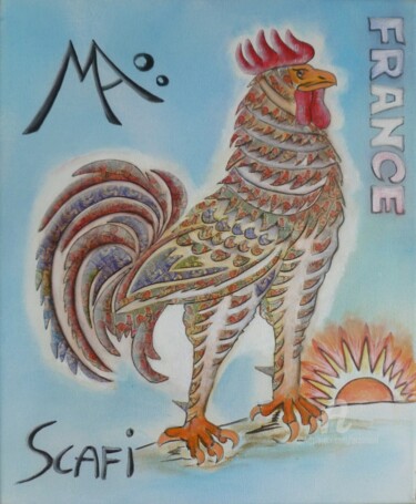 Painting titled "Le coq timbré" by Marina Argentini, Original Artwork, Acrylic