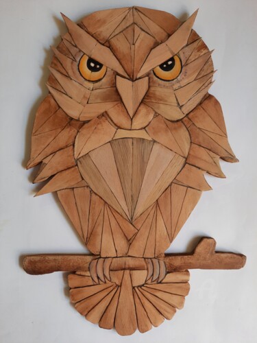 Collages titled "Hibou" by Marina Argentini, Original Artwork, Wood Mounted on Wood Panel