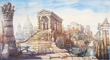 Scene At The Bridge Painting titled "Scene At The Bridge" by Andrey Svistunov, Original Art, Watercolor