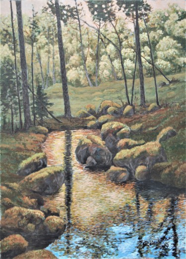 Malerei mit dem Titel "Kultainen joki" von Ari Reinikainen, Original-Kunstwerk, Acryl