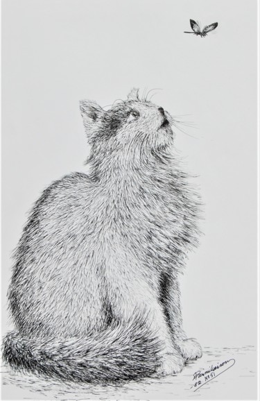 Dibujo titulada "Kissa ja perhonen" por Ari Reinikainen, Obra de arte original, Tinta