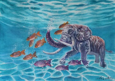 Schilderij getiteld "Schwimmender Elefant" door Aria Artis, Origineel Kunstwerk, Aquarel
