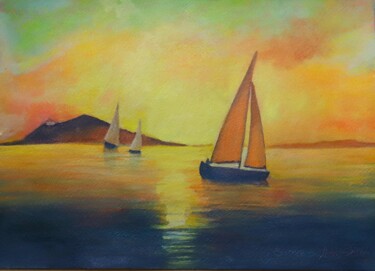 Peinture intitulée "Boote im Sonnenunte…" par Aria Artis, Œuvre d'art originale, Aquarelle