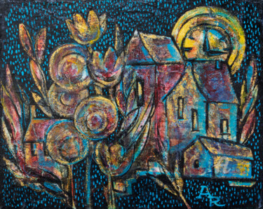 Painting titled "Golden Town" by Ariadna De Raadt, Original Artwork, Acrylic Mounted on Wood Stretcher frame