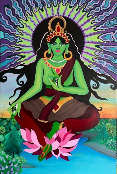 Картина под названием "Green Tara" - Ariadna Maslowska, Подлинное произведение искусства, Акрил Установлен на Деревянная рам…