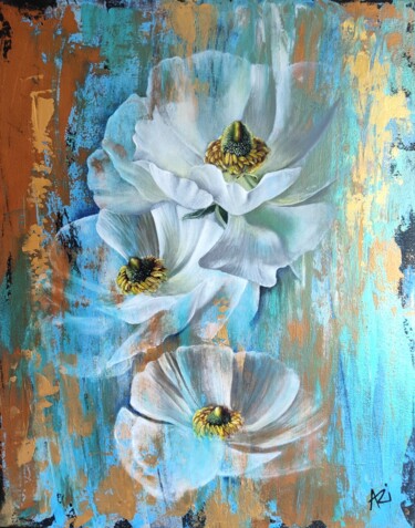 Painting titled "GHOST FLOWERS" by Arianna Squicquaro, Original Artwork, Acrylic Mounted on Wood Stretcher frame