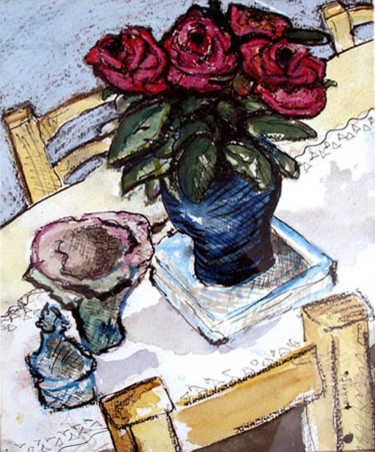 Peinture intitulée "Fleurs chaise" par Ariciu, Œuvre d'art originale