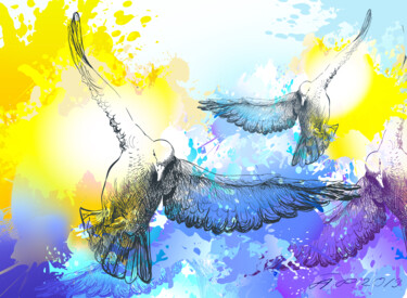 Digitale Kunst getiteld "Doves birds flying.…" door Arija Paikule, Origineel Kunstwerk, Digitaal Schilderwerk