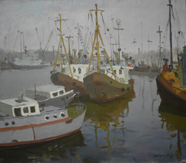 Painting titled "Boats Ships at Fish…" by Arija Paikule, Original Artwork, Oil Mounted on Wood Stretcher frame