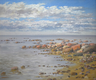 Painting titled "Seaside beach" by Arija Paikule, Original Artwork, Oil Mounted on Wood Panel