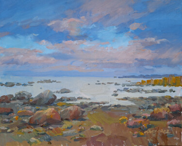 Pintura intitulada "Sunset beach" por Arija Paikule, Obras de arte originais, Óleo Montado em Armação em madeira