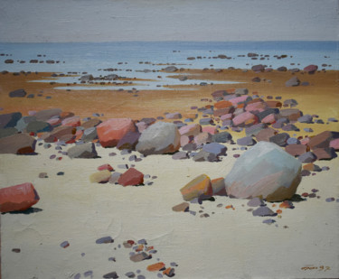Seascape sea coast, beach sand seaside stones Peinture intitulée "Seascape sea coast,…" par Arija Paikule, Œuvre d'art originale, Huile Monté sur Châssis