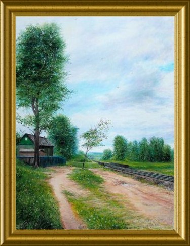 Painting titled "деревенский пейзаж" by Garik, Original Artwork, Oil