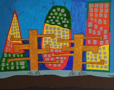 Painting titled "Autumn in the city" by Arina Mari, Original Artwork, Acrylic Mounted on Cardboard