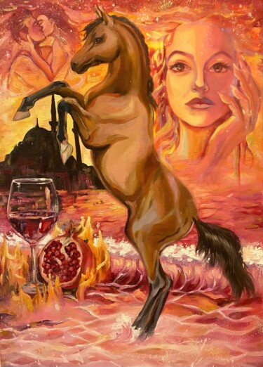 Schilderij getiteld "Ночь вина" door Arina Podbolotova (Middlimist), Origineel Kunstwerk, Olie