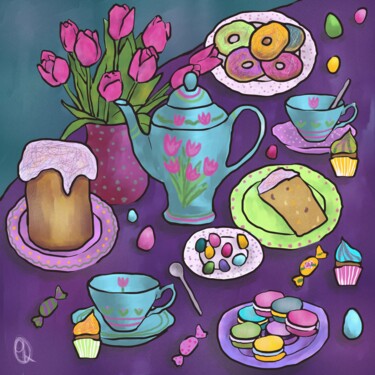 Spring tea Gravures & estampes intitulée "Spring tea" par Arina Qqshkina, Œuvre d'art originale, Peinture numérique