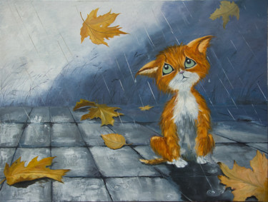 Painting titled "Chaton sous la plui…" by Arina Tcherem, Original Artwork, Oil