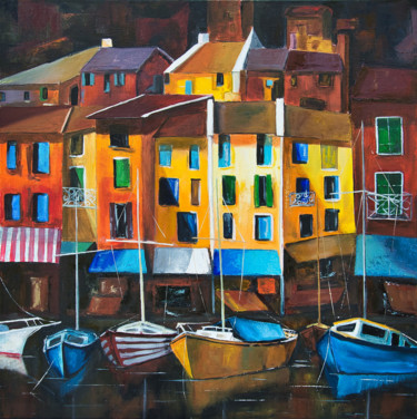 Painting titled "Il porto" by Arina Tcherem, Original Artwork, Oil Mounted on Wood Stretcher frame