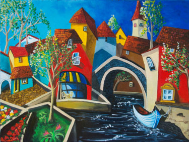 Painting titled "Près du canal" by Arina Tcherem, Original Artwork, Oil Mounted on Wood Stretcher frame
