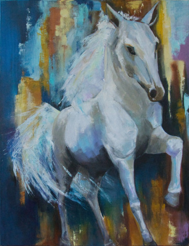 Painting titled "Le cheval blanc" by Arina Tcherem, Original Artwork, Oil Mounted on Wood Stretcher frame