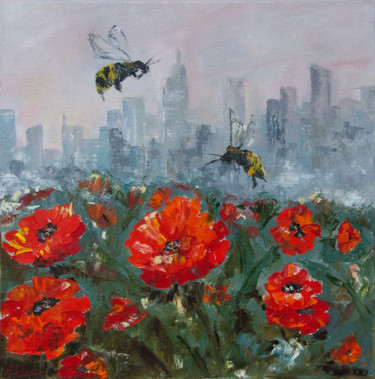 Painting titled "Coquelicots de ville" by Arina Tcherem, Original Artwork, Oil Mounted on Wood Stretcher frame