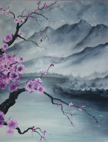 Painting titled "Le cerisier du japon" by Arina Tcherem, Original Artwork, Oil
